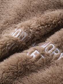 DAZY 法兰绒加厚字母刺绣上衣和格子裤蓬松睡衣套装，秋冬舒适保暖装 - 棕色 - 查看 9