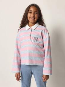SUMWON Tween Girls Comfy Boxy Fit Rugby Pink & Grey Stripe Long Sleeve Polo Tee - Baby Pink - View 1
