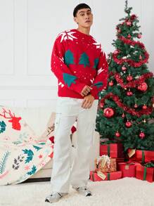 Manfinity VCAY Unisex Christmas Tree & Snowflake Pattern Loose Fit Crew Neck Pullover Sweater, Suitable For Christmas, Autumn/Winter - Red - View 7