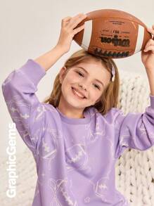 Tween Girls' Bow Print Round Neck Drop Shoulder Casual Hoodie, Autumn/Winter - Purple - View 3