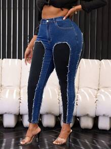 SHEIN SXY Plus Size Button Front Pocket Frayed Edge Casual Denim Jeans
