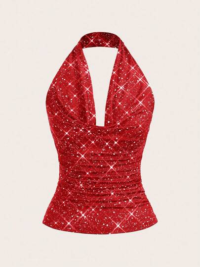 SHEIN Essnce Women's Sexy Top Fashionable Ruched Everyday Glitter Neck Ruched Fitted Camisole Suitable For Going Out And Parties Top Metallic Top Women Clothes