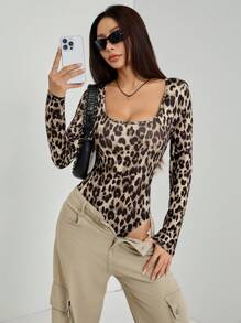 SHEIN PETITE Women's Leopard Print Long Sleeve Bodysuit