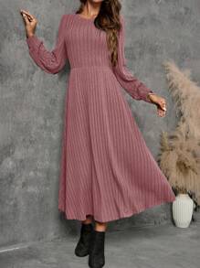 EMERY ROSE 圆领、长袖、灯笼袖、大裙摆长裙、中长款女装、秋季女装、冬季女装 - 粉色 - 查看 5