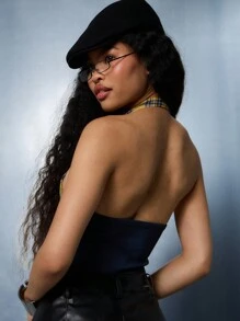 SUMWON WOMEN Punk Check Print Plunge Halter Neck Corset With Lace Up Detail - Multicolor - View 5