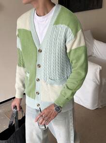 Claim Dot Men's Solid Color Splicing Front Button Long Sleeve Pocket Casual Shirt, Everyday Wear - Olive Green - View 4