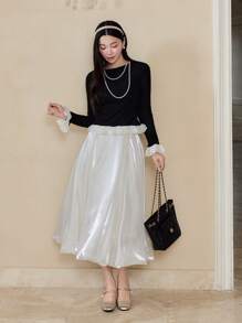 EastFlair 女士优雅亮面半身裙，简约设计，适合秋季 - 奶油色 - 查看 4