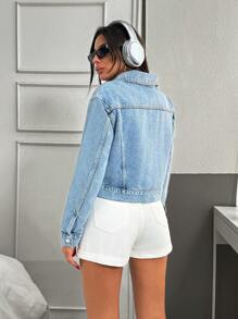 EURMUSE Women's Button Front Long Sleeve Pocket Simple Denim Jacket - Medium Wash - View 2