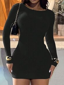 INAWLY Đầm mini hở lưng gợi cảm màu trơn cho nữ - màu đen - Xem 5