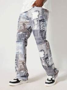 ROMWE MEN Street Life 男式口袋装饰休闲喇叭分层牛仔裤 - 藍色 - 查看 2