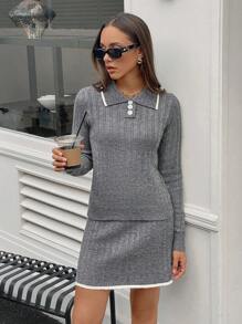 Calvaya Women's 2pcs Sweater Set - Collared Long Sleeve Fitted Knit Top And Elasticated Waist Skirt