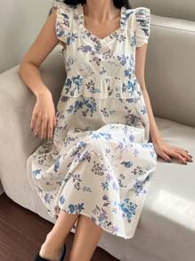 DAZY 女士甜美花卉印花荷叶边下摆睡袍睡裙睡衣