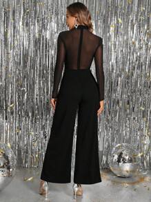 SHEIN Clasi Mono elegante para mujer para fiestas, con destellos, decoración de strass, empalme de malla en la parte delantera, mangas largas y piernas anchas - Negro - Ver 7