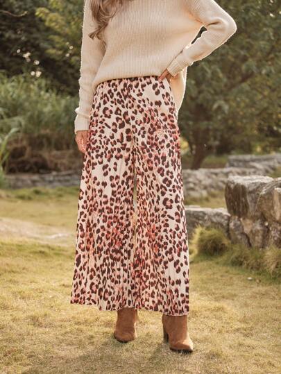 LanaWest Pantalones de pierna ancha, sueltos, con pliegues y estampado de leopardo, cintura alta para mujer