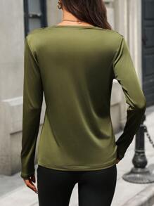 SHEIN Clasi 纯色 V 领交叉裹身优雅女士长袖 T 恤 - 綠色 - 查看 2