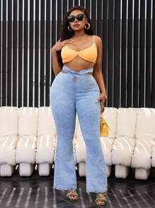 SHEIN SXY Große Größen Jeans mit Lochdesign, minimalistisches Design, Lässig Alltags Tragen - Blau - Übersicht 1