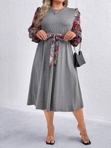 SHEIN LUNE Plus Size Crew Neck Floral Patchwork Casual Dress