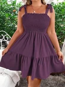 SHEIN LUNE Vestido corto casual de talla grande de unicolor con tirantes anchos y lazo - Morado - Ver 1
