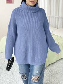 Flirla Plus Size Solid Color Turtleneck Long Sleeve Simple Pullover Sweater, Casual Everyday Wear Knit Pullover Fall Winter Sweater - Baby Blue - View 4