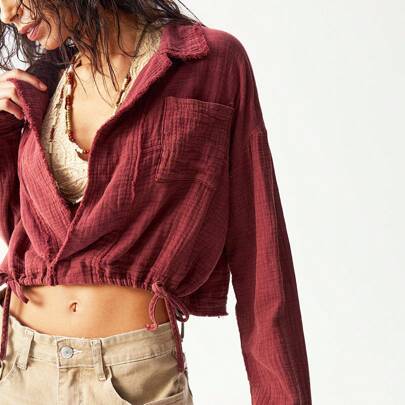 여성용 캐주얼 솔리드 컬러 직물 턴다운 칼라 크롭 루즈 롱 슬리브 후드