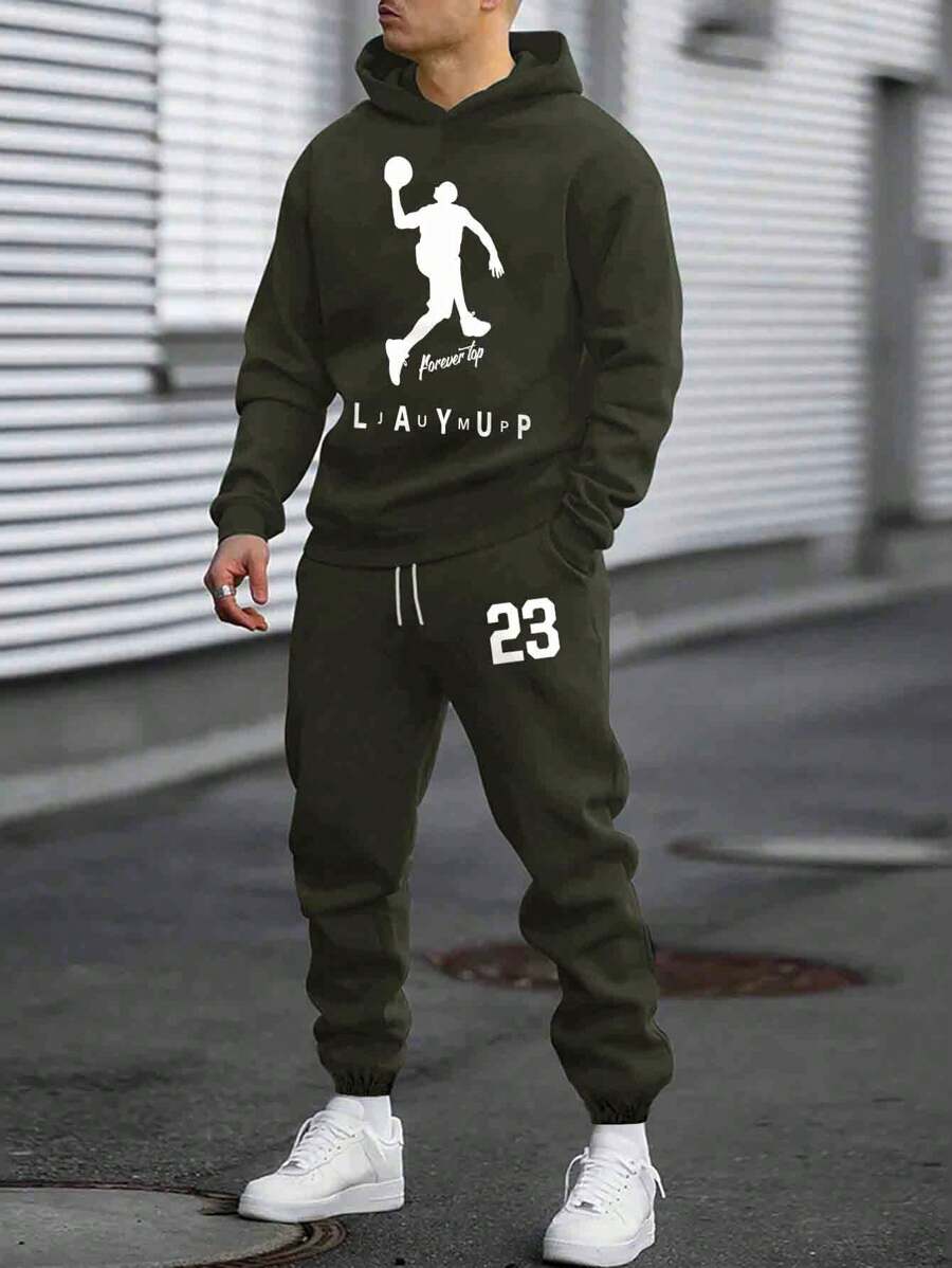 EURMUSE Conjunto de sudadera con capucha regular estampada con baloncesto para hombres - Verde militar - Ver 1