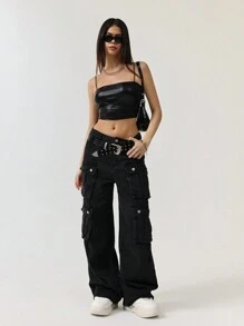 SHEIN HypeZone Áo ba lỗ PU trơn màu phong cách đường phố giản dị cho nữ - màu đen - Xem 3