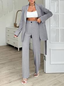 EURMUSE Grey Long Jacket And Straight Pant Two Pieces - Grey - View 6