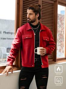 Manfinity Homme Men's Casual Solid Color Short Style Jacket, Autumn,Red Winter Men Jacket,Fall Men Clothes,Men's Long Sleeve Padded Coat