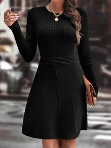 SHEIN Clasi 纯色收腰黑色长袖毛衣连衣裙，秋冬季休闲装 - 黑色 - 查看 3