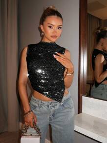 SHEIN BAE 女士时尚金色亮片立领不对称下摆背心外出上衣、圣诞女装、圣诞上衣 - 黑色 - 查看 1