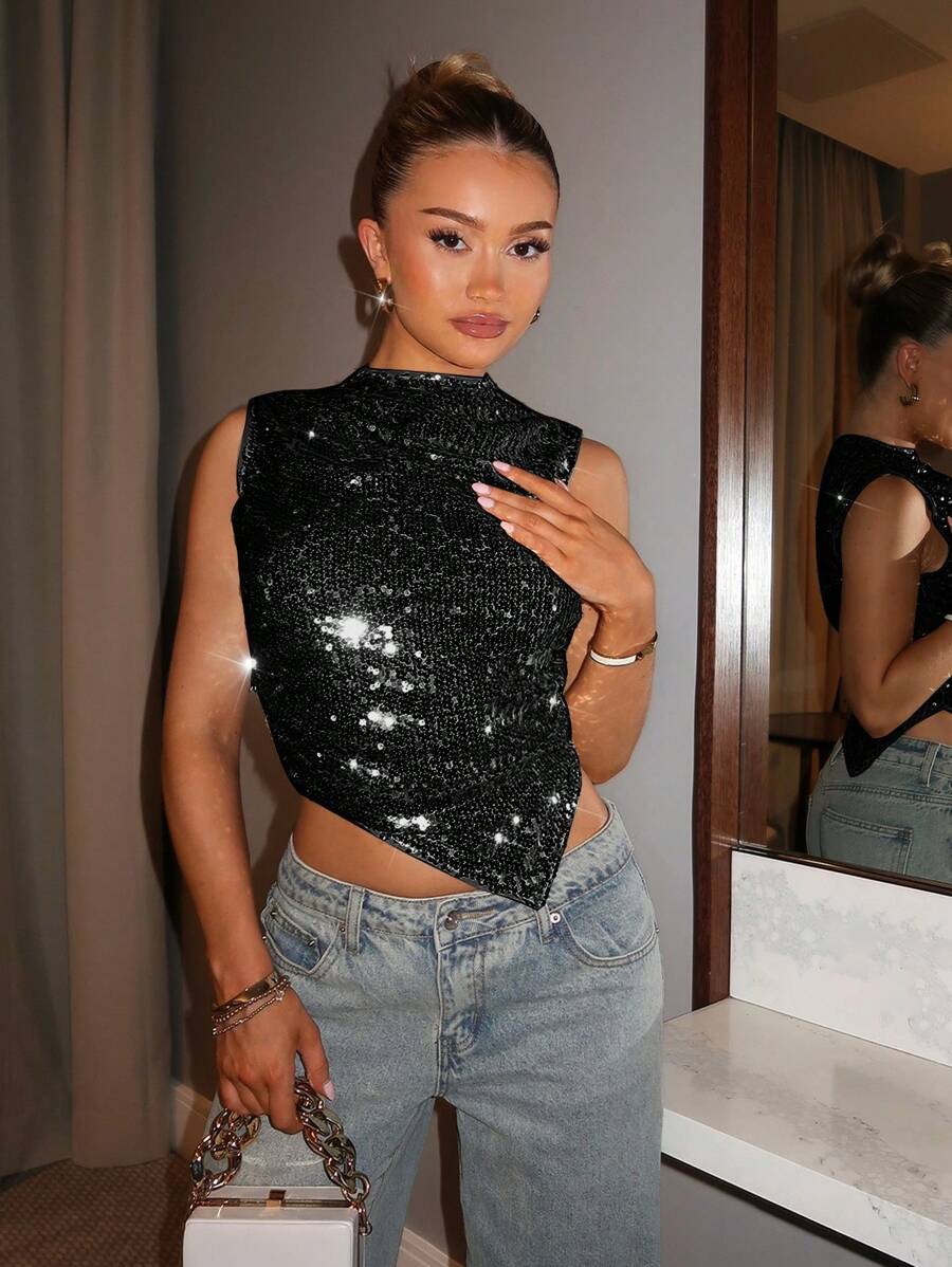 SHEIN BAE 女士时尚金色亮片立领不对称下摆背心外出上衣、圣诞女装、圣诞上衣 - 黑色 - 查看 1