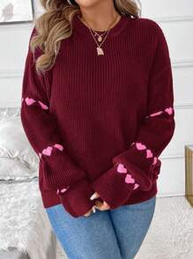 SHEIN Clasi Plus Size Heart Pattern Ruffle Trim Sweater