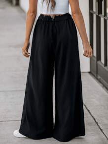 SHEIN LUNE Pantalones anchos de cintura alta casuales para mujer, negro - Negro - Ver 2