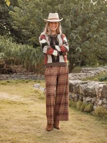 LanaWest Women High Waisted Loose Casual Plaid Printed Straight Leg Pants Fall Cloth For Women - Khaki - View 5