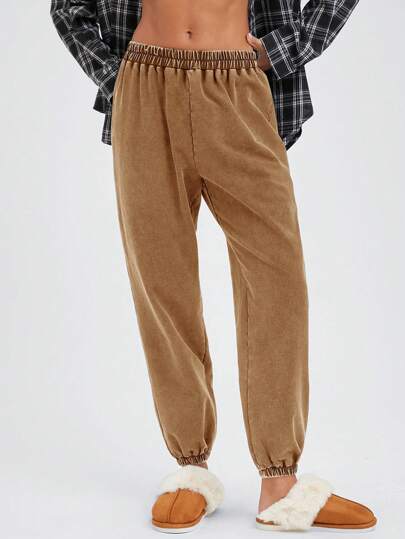 Easelle Pantalones de chándal casuales de ajuste delgado con cintura de cordón y lavado desgastado en color caqui, para otoño/invierno