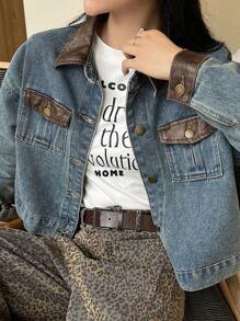 DAZY 女士纯色拼接前扣长袖口袋简约牛仔夹克 - 藍色 - 查看 4