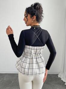 Calvaya Women's Retro Versatile Contrast Color Plaid V-Neck Ruffle Hem Tweed Precision Elegant Vest Camisole Top, Autumn/Winter New Graphic Tees Women Tops