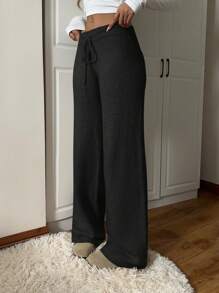 SHEIN EZwear Drawstring Loose Knit Pants, Solid Color Simple Casual Everyday Wear - Black - View 5