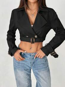 SHEIN PETITE Damski płaszcz typu trencz z wyciętymi klapami i guzikami z przodu, z długim rękawem, na co dzień - Czarne - Zobacz 3