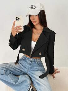 SHEIN PETITE Damski płaszcz typu trencz z wyciętymi klapami i guzikami z przodu, z długim rękawem, na co dzień - Czarne - Zobacz 4