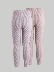 2pcs Young Girl Ribbed Fuzzy Thermal Leggings In Red & Pink, Casual & Warm - Multicolor - View 2