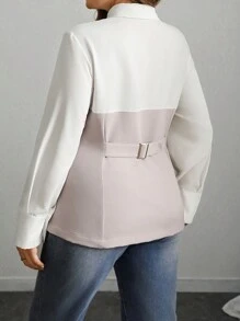 SHEIN Unity 大码女士优雅休闲工作通勤纯色拼布腰长袖衬衫，适合春秋季女士衬衫 - 杏色 - 查看 2