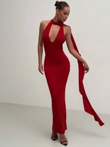 Aloruh 领口系带深 V 紧身红色舞会礼服，3D 花卉长裙，适合圣诞节、情人节 - 紅色 - 查看 1