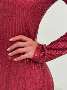 Aloruh Đầm dài thanh lịch hở lưng đính sequin sáng bóng màu trơn cho nữ, ngày lễ - Màu Đỏ Sâu - Xem 6