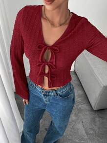 SHEIN Essnce Women Burgundy Red Front Tie Long Sleeve T-Shirt,Elegant Autumn Casual Tops,Seksi Chic Night Out Y2k Style,Fashionable Crochet Textured Winter Clothes - Burgundy - View 2