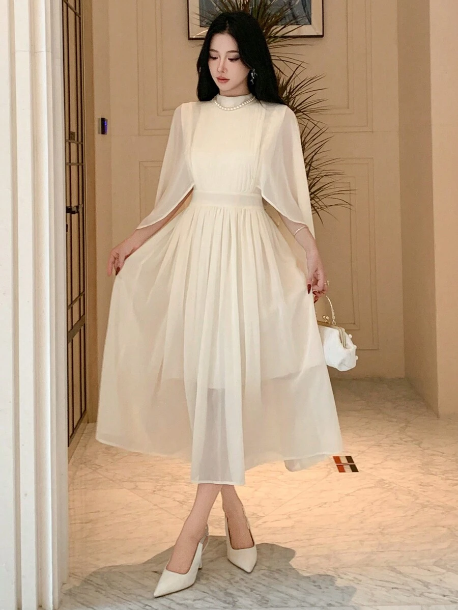 DAZY Women Stand Collar Pleated Ruffle Sleeve Mid-Calf Dress Prom Dress Sundress,Fall Clothes Long Sleeve Dress Wedding Women Dresses Elegant Women Dresses - Beige - View 1