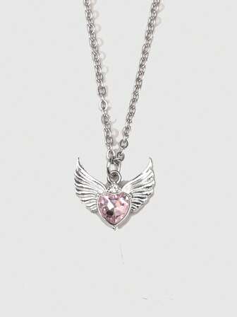 Kawaii Collana con pendente a cuore con ali e strass in acciaio inossidabile per donne