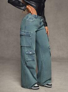 SHEIN SXY Pantalones vaqueros de carga de pierna ancha y lavados informales para mujeres - Azul - Ver 3