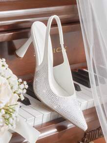 CUCCOO HITCHD Women's White Satin Crystal Embellished Pointy Toe High Heel Pumps, Elegant For Commute, Date, Wedding, Office & Formal Occasions - White - View 4