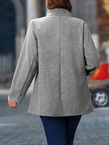 SHEIN LUNE Elegant Solid Color Pocket Overcoat For Plus Size Women, Autumn/Winter - Grey - View 2